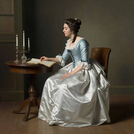 Photograph of a dark-haired woman in a blue corset and silver satin gown, seated at a wooden table with candles and an open book, in