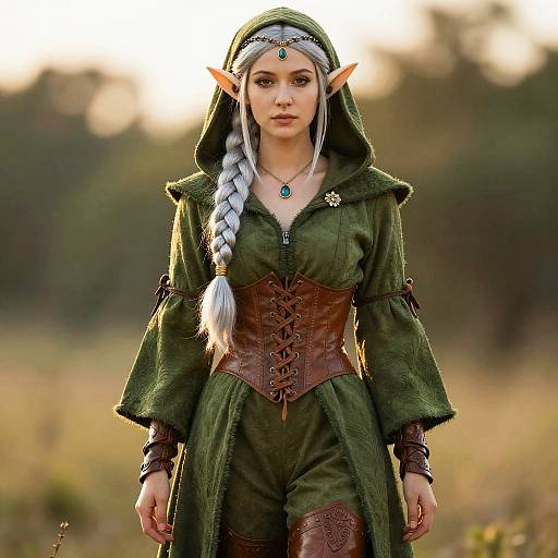Elf Woman in Moss-Green Hooded Costume