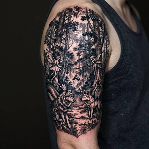 Detailed black-and-grey tattoo of dense forest with trees, leaves, and animals on a man's upper arm, wearing a sleeveless black shirt.