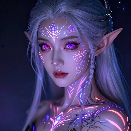 Digital art of a glowing, elf-like woman with long white hair, pointed ears, and neon blue and purple bioluminescent tattoos on her face