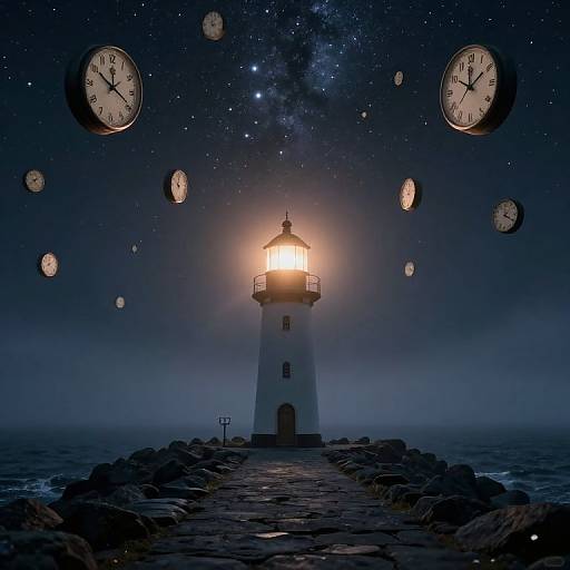 Surreal Lighthouse with Floating Clocks