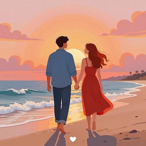 Couple Walking on Beach at Sunset