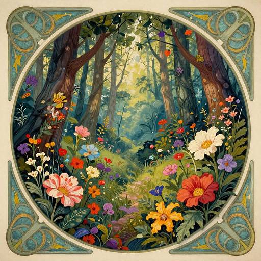Vibrant, circular Art Nouveau-style illustration of a lush forest meadow filled with colorful flowers, framed by intricate blue-green patterns.
