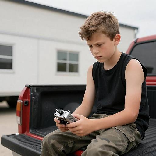 Intense Boy in Red Truck Setting