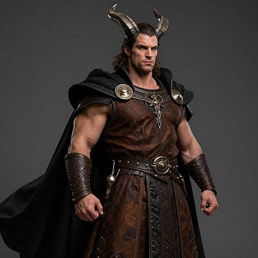 Photograph of muscular male demon with dark brown hair, black horned helmet, leather chest and arm armor, brown patterned tunic, and black
