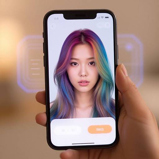 Photograph of a hand holding a smartphone displaying a colorful-haired Asian woman's portrait, with a blurred background and 