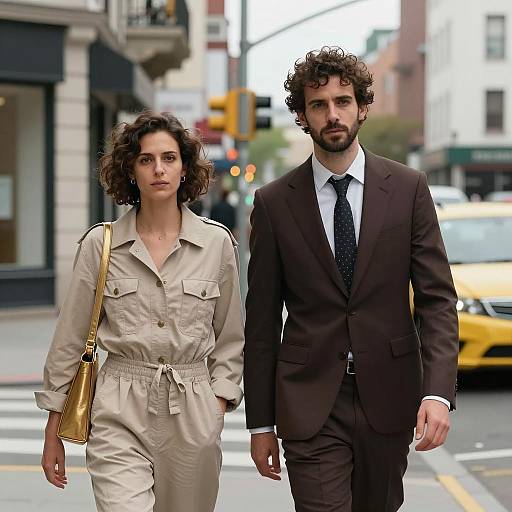 Man and Woman Walking on City Street