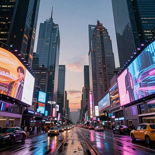 Photograph of a wet, neon-lit urban street at dusk, with towering skyscrapers, busy traffic, and colorful digital billboards.