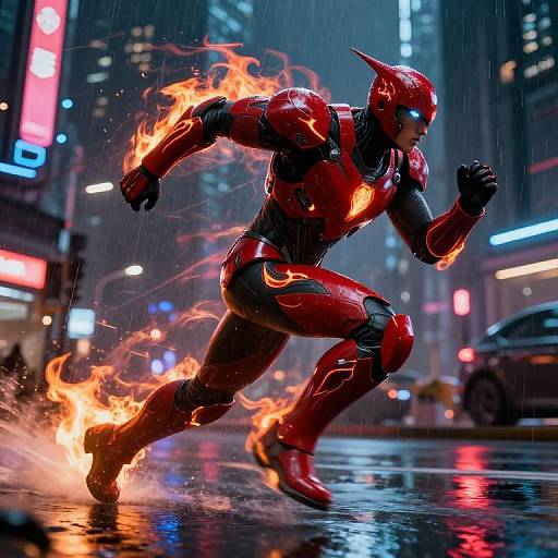 Photorealistic CGI of a red, fiery-suited, glowing-eyed superhero running in a rainy, neon-lit city street at night.