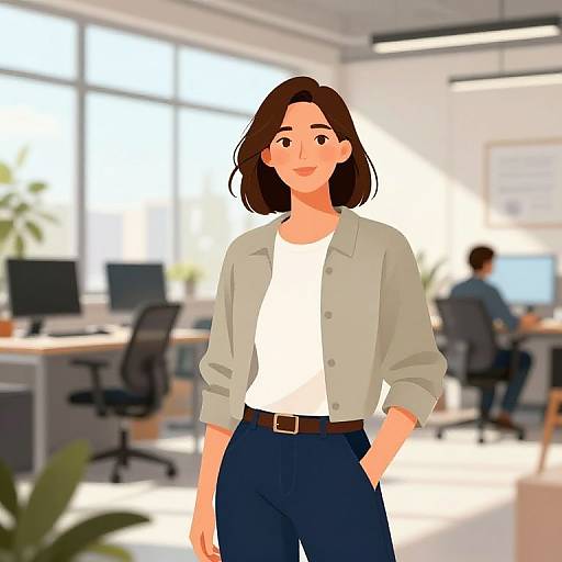 Digital illustration of a smiling woman with brown hair in a white shirt, beige jacket, and dark blue pants in a bright office with blurred coworkers and desks