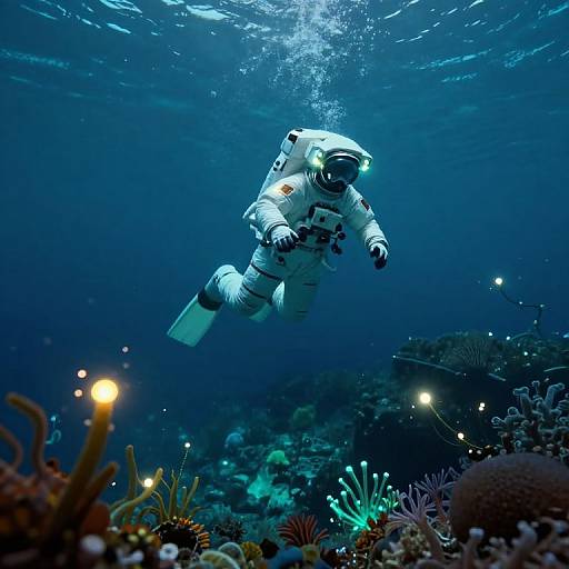 Photograph of an astronaut in a white spacesuit with a helmet, floating underwater, surrounded by colorful coral reefs and illuminated lights.