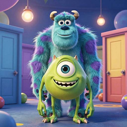 CGI image of a blue, furry, striped monster with horns standing behind a green, one-eyed, smiling creature in a colorful, brightly lit room