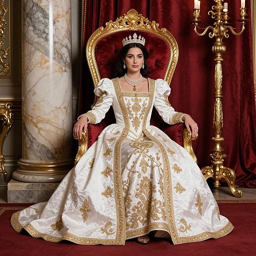 Regal woman in elaborate white and gold gown with intricate embroidery, wearing a crown, seated on ornate golden throne, red velvet backdrop. Photoreal