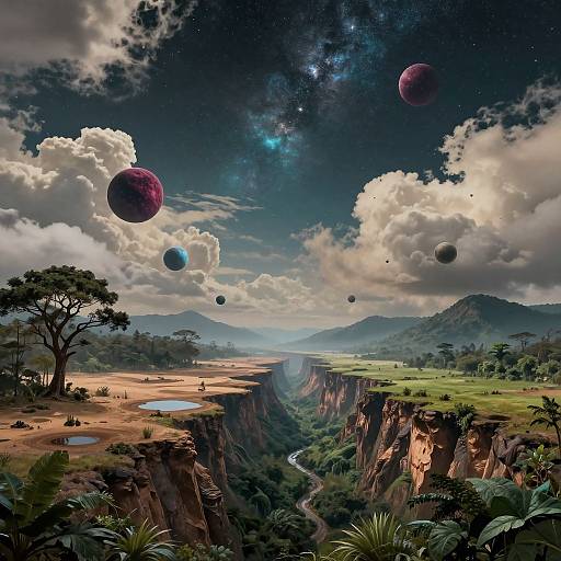 Digital art of a lush, canyon-filled landscape with towering cliffs, scattered trees, and vibrant greenery under a starry, cloudy sky filled with floating