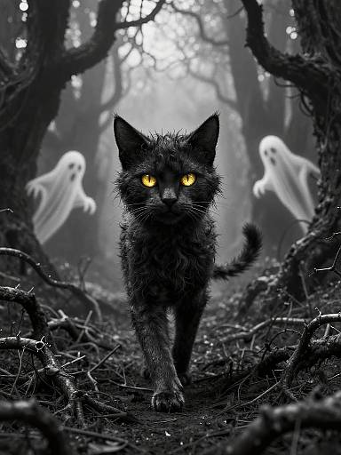 Spooky Stylized Cat in Haunted Forest