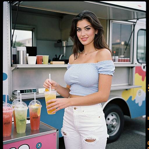 Photograph of a smiling young woman with long dark hair, wearing a blue off-shoulder top and white ripped jeans, holding an iced drink