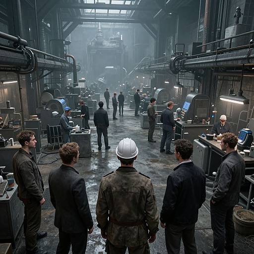 Photorealistic CGI of a futuristic industrial workshop with workers in dark overalls and a white hard hat, surrounded by high-tech machinery and dim, mist