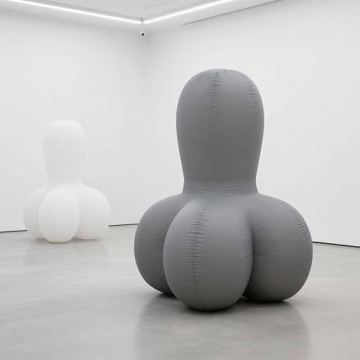 Photograph of a large, gray, inflatable sculpture resembling a humanoid form with exaggerated buttocks, standing in a bright, white-walled gallery.