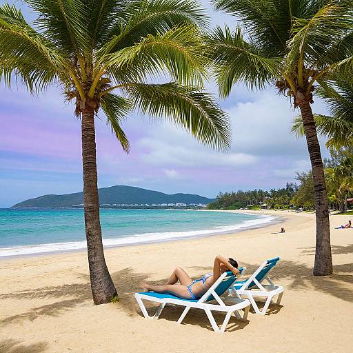 Photograph of a sunbather in a blue bikini, lounging on a white blue-striped beach chair under palm trees, with a turquoise ocean and