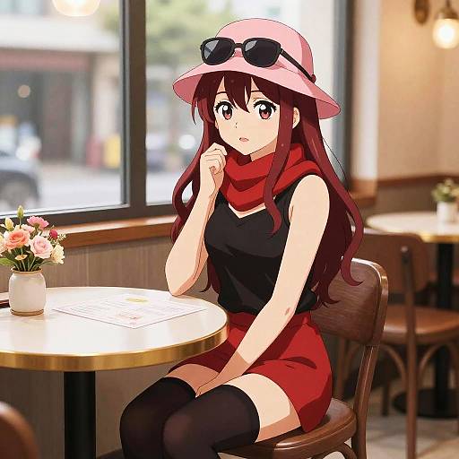 Cozy Cafe with Auburn-Haired Woman