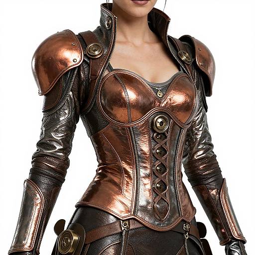 Photorealistic CGI image of a woman in a shiny, copper-colored, medieval-style armored top with padded shoulders and intricate lacing.