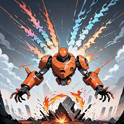 Dynamic Mechanical Warrior in Ruined City