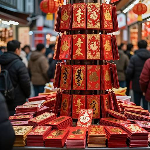 Photograph of a bustling street market stall with a tall, central display of red, ornately decorated Chinese New Year lanterns, surrounded by shoppers in