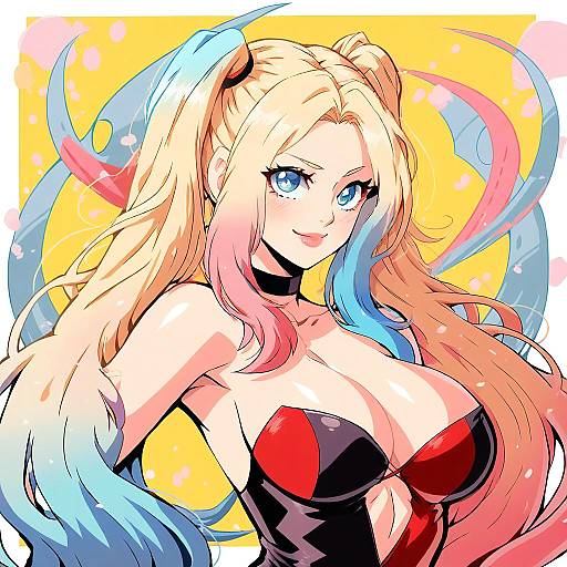 Illustration of Harley quinn, dc comics in the style of Lewdamone