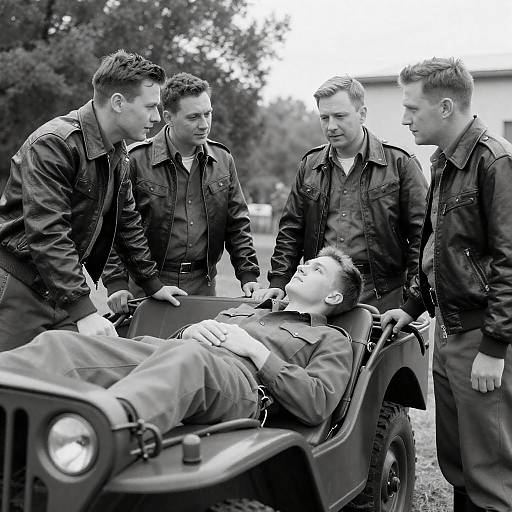 Vintage Black-and-White Military Jeep Scene