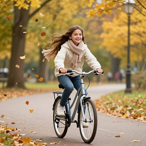 Photograph of a smiling young woman with long brown hair, wearing a beige scarf and white jacket, riding a black bike on a leafy autumn path