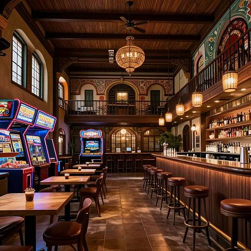 Photograph of a dimly lit, vintage-style bar with wooden ceiling, barstools, wooden tables, neon arcade games, hanging chandeliers