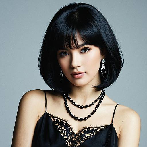 Elegant Asian Woman with Black Short Hair and Jewelry