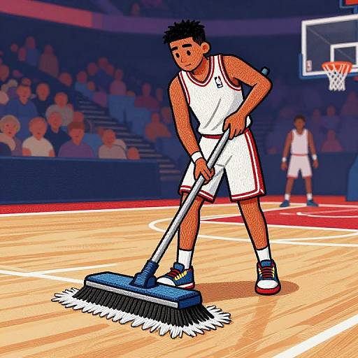 Digital drawing of a young male basketball player in a white uniform, sweeping the court with a blue broom, background shows blurred spectators and another player.