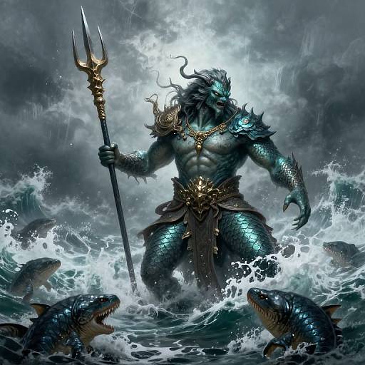 Digital fantasy artwork of a muscular, blue-scaled, horned sea god with glowing eyes, holding a trident, standing amidst turbulent waves with three