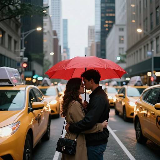 Lovers Embrace Under Red Umbrellas