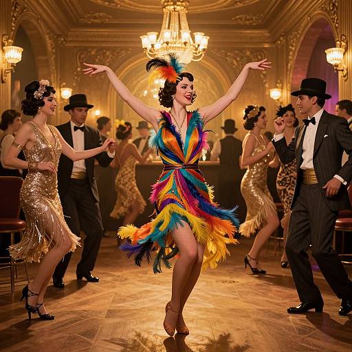 Photograph of a vibrant dance party in an ornate ballroom, featuring a woman in a colorful feathered dress, mid-dance, surrounded by