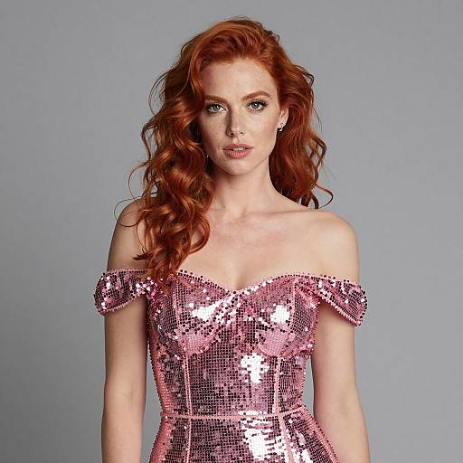 Redhead woman in pink sequin disco dress