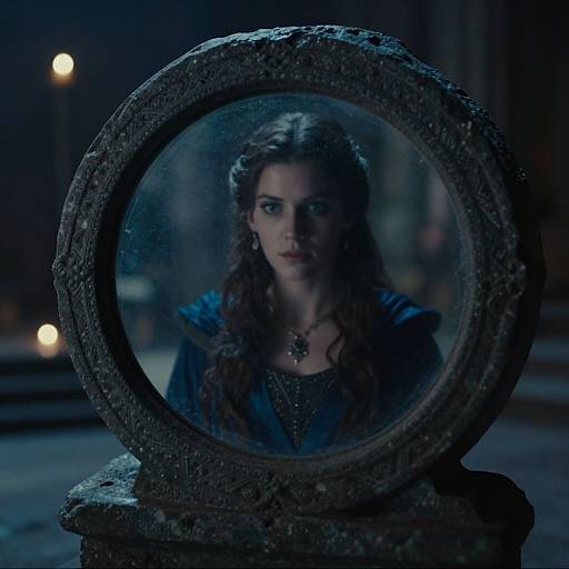 Photograph of a dark-haired woman with wavy hair, wearing a dark blue cloak, reflected in a weathered, circular stone frame, in a