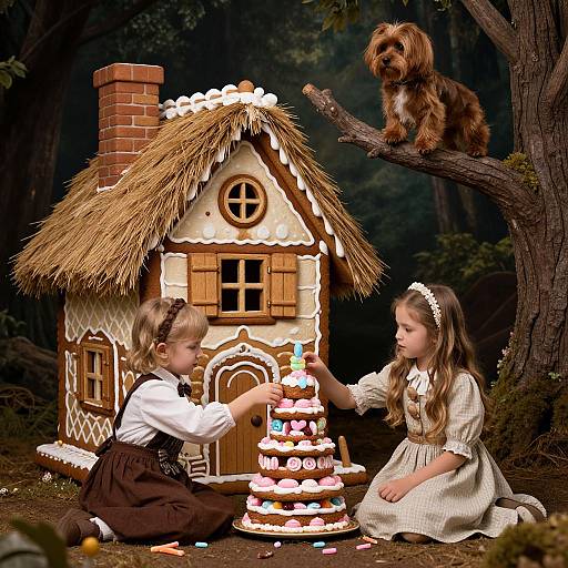 Photograph of two young girls in Victorian dresses, decorating a gingerbread house with a dog on a tree, forest background.