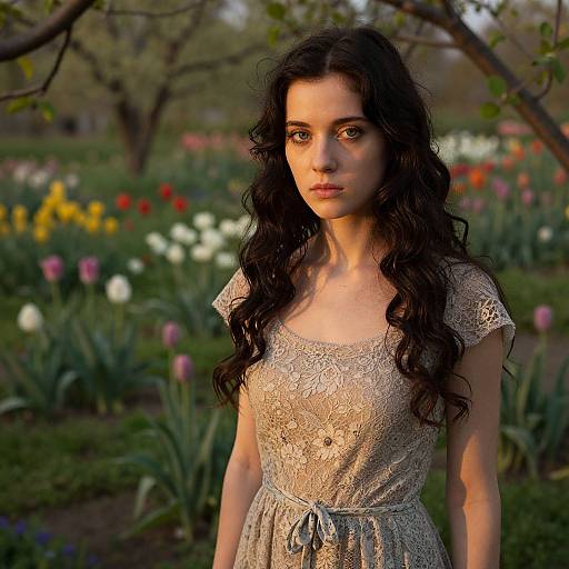 Photograph of a young woman with long, wavy black hair, wearing a beige lace dress, standing in a colorful garden filled with blooming tul