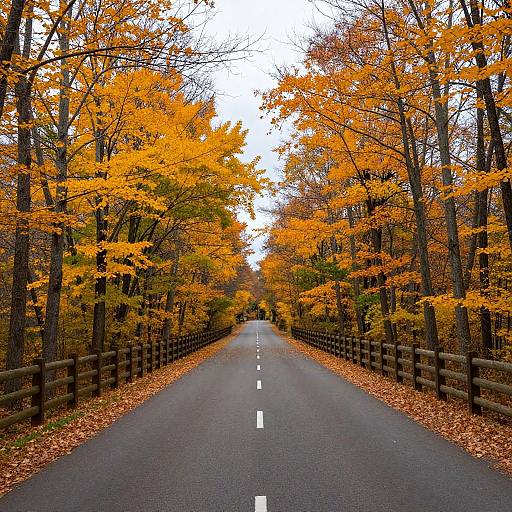 Photograph of a straight, empty road lined with vibrant, orange autumn leaves and flanked by wooden fences, under a cloudy sky.