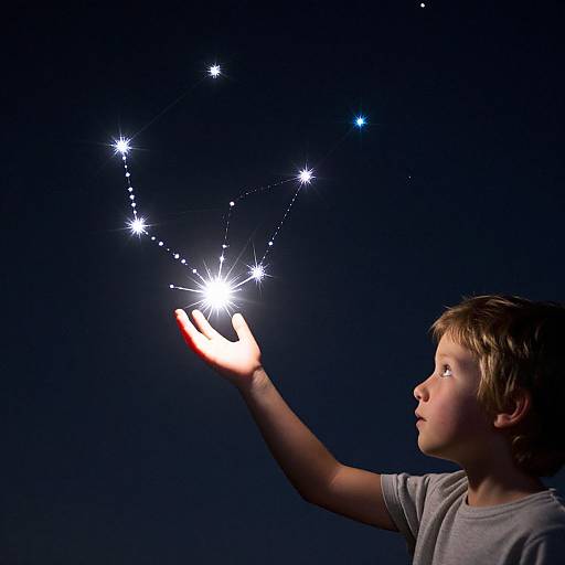 Photograph of a young boy with blond hair, wearing a gray shirt, reaching out to star-like lights in a dark blue background.