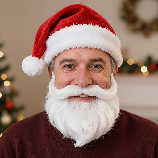 Photograph of an older man with a white beard and mustache, wearing a red Santa hat and brown sweater, smiling warmly. Blurred Christmas decorations