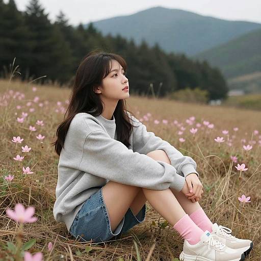 Contemplative Woman in Meadow Scene