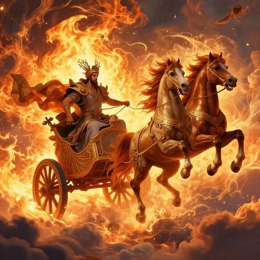 Digital fantasy artwork of a fiery chariot driven by a crowned, armored figure on two rearing horses, surrounded by blazing flames and dark clouds.