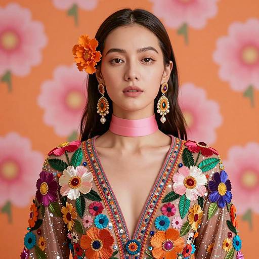 Asian Woman in Colorful Embroidered Dress with Floral Background