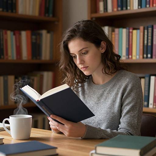 Photograph of a young woman with wavy brown hair, wearing a gray sweater, reading a book with steam rising from a coffee cup in a library