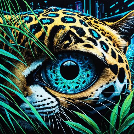 Cyberpunk Jaguar Eye with Bioluminescent Flora