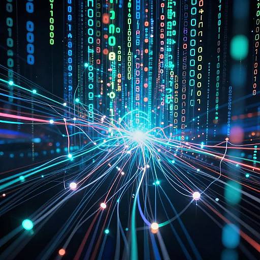 Digital abstract art: Bright blue and white neon light bursts radiate from center, surrounded by colorful binary code lines on a dark background.