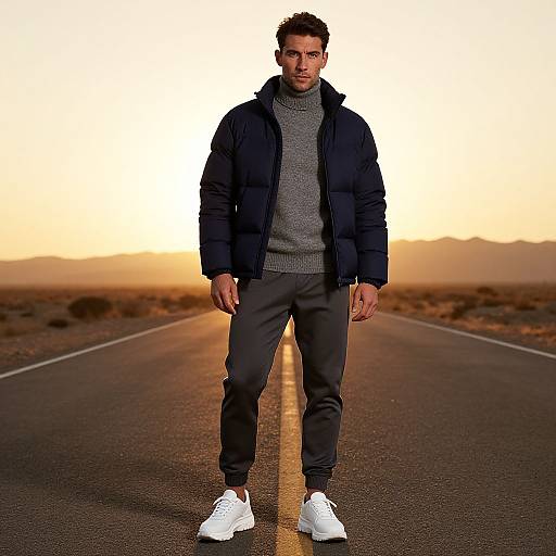 Photograph of a muscular man with short dark hair, wearing a navy puffer jacket, gray sweater, black pants, and white sneakers, standing on